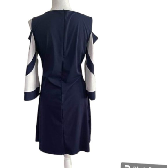 Cold Shoulder Navy Shift Dress with Long Bell Sleeves XL - Picture 3 of 13